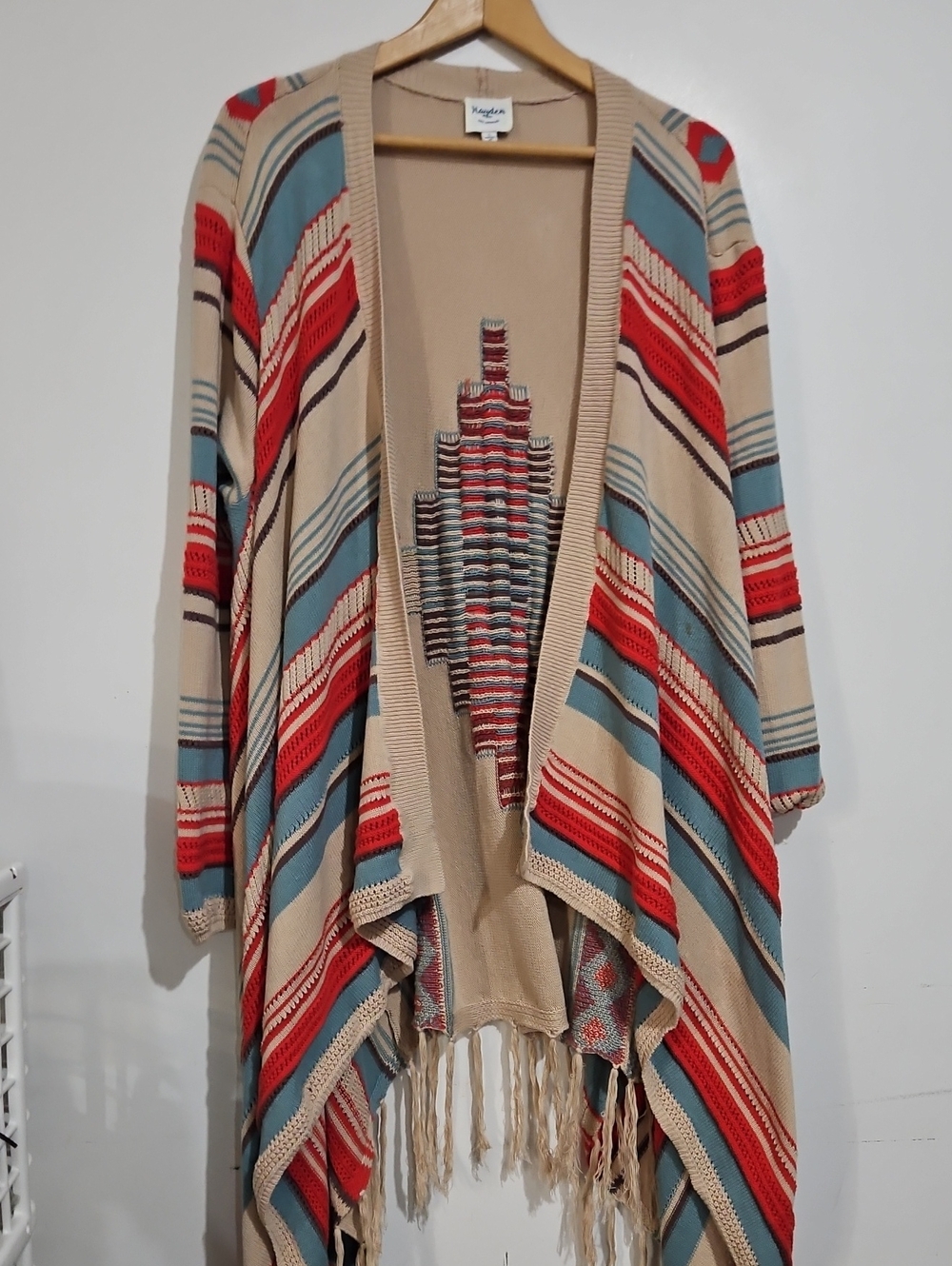 Hayden Beige, Red & Teal Striped Fringe Open Cardigan Sz L